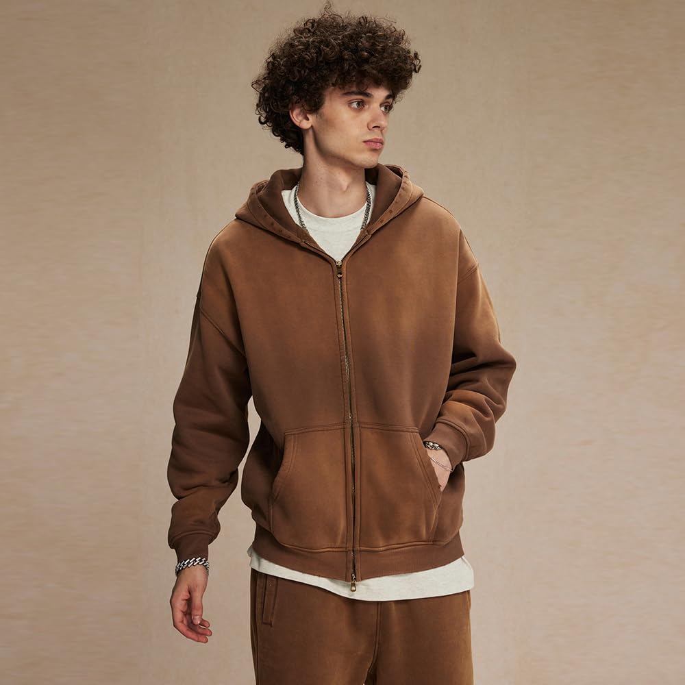 Felpa con cappuccio da uomo vintage con cerniera, oversize, con lavaggio acido, unisex, streetwear