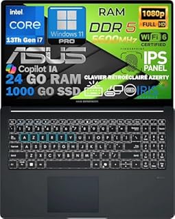 ASUS Ordinateur Portable Intel Core i7 13ᵉ Gén 10 Cœurs, RAM 24Go DDR5, SSD 1To, Écran 15.6" FHD IPS, WiFi 6E, Copilot IA, Webcam 1080p, Clavier AZERTY Rétroéclairé, Empreinte Digitale, Win 11 Pro