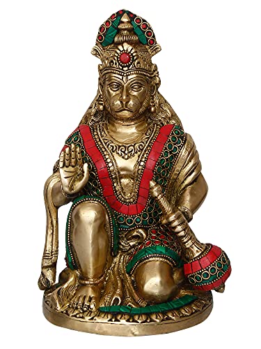 Image of eCraftIndia Golden Brass Handcrafted Blessing Lord Hanuman Idol with Mace - Auspicious Religious God Idol for Home, Office, Temple for Hanuman Jayanti Festival and Devotees