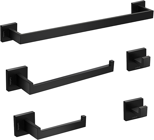 Kit Acessórios para Banheiro Luxo, Conjunto de Ferragens de Banheiro Acabamento Fosco Aço Inox Inoxidável 304, Porta Toalha Banheiro Ganchos 5 Peças para Banheiros Atualizados (Preto)