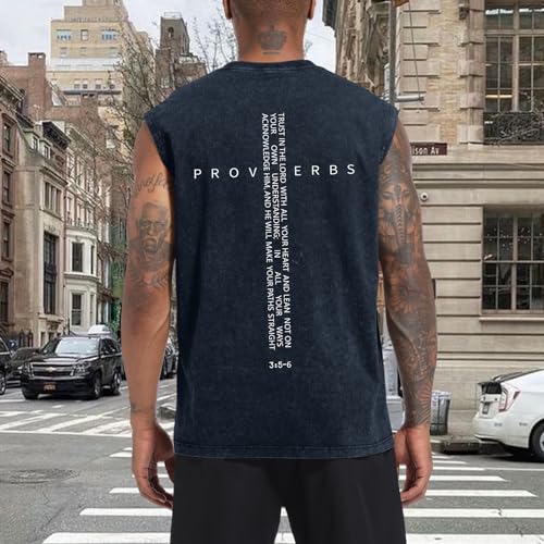 Image of Christian Gym Workout Tank Tops for Men Vintage Bible Verse Cross Graphic Sleeveless Muscle Shirts Acid Wash Tanks Top
