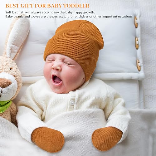 Image of Baby Beanie Hat Gloves Set, Kids Winter Warm Knit Hat with glvoes,Toddler Soft Beanie for Little Boys Little Girls Children
