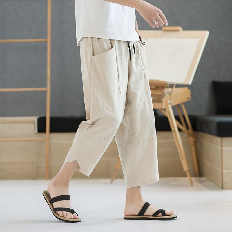 Capri Cargo Pants for Men Drawstring Linen Pants Elastic Waist Casual Loose Summer Beach Pants2