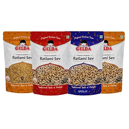Gelda Famous Ratlami Sev Pack of 4 | Handmade Traditional Authentic Ratlami Snacks | Double Luang Sev (Moti), Garlic Sev, Medium Spicy Laung Sev, Spicy Laung Sev (Moti) (250gm x 4) (B0BYST8YT2) Amazon Price History, Amazon Price Tracker
