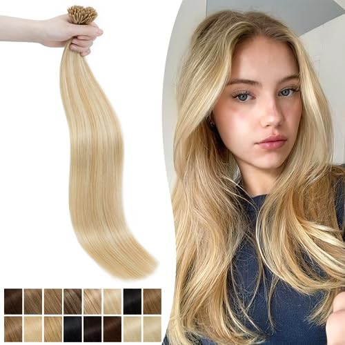 16inch Pre Bonded Stick Tip Human Hair Extensions 1g #18P613 Ash Blonde&Bleach Blonde 50 Strands Real Remy Keratin I Tip Hair Extension Straight