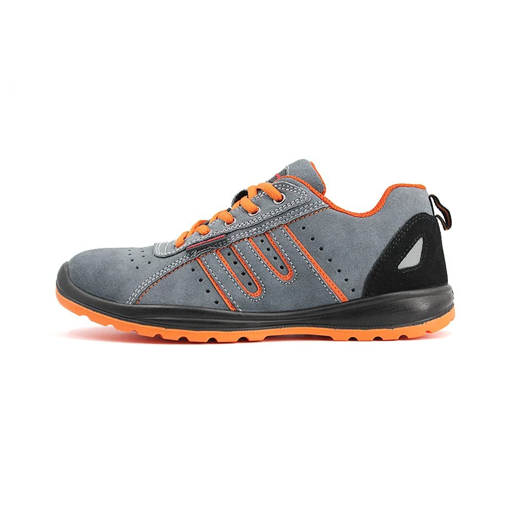JOMIX Buty ochronne dla mężczyzn i kobiet, buty robocze dla chłopców, antypoślizgowe, wzmocniona końcówka, stal, 04 szary pomarańczowy, 47 EU