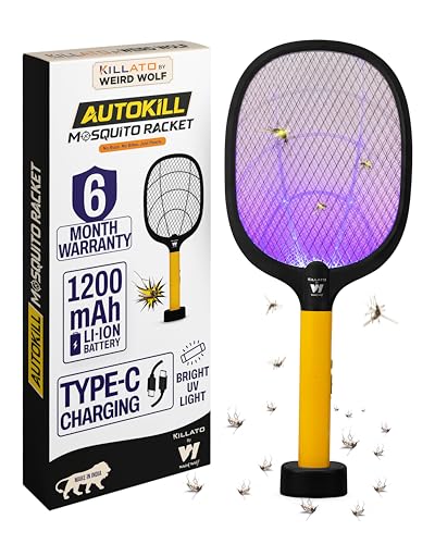WEIRD WOLF 2 in 1 UV Light Mosquito Bat Racket Electric Fly Swatter with Base Stand, Lithium Battery, USB Type- C Charging, Warranty, Yellow/Black