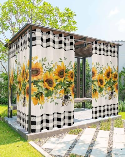 Waterproof Outdoor Curtains for Patio Porch, Buffalo Plaid Summer Sunflower Grommet Curtain Panel Windproof Outside Curtains Tieback, Pastoral Wild Flower Bee Weighted Window Treatment Drapes