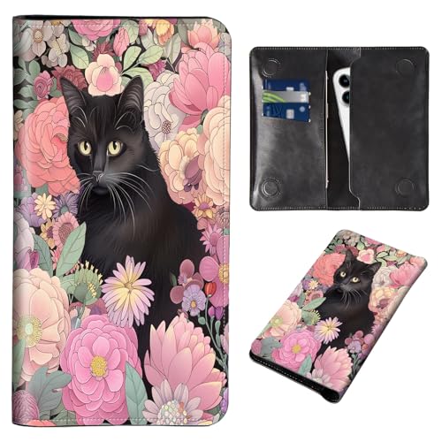 Wallet for Men Women & Phone Purse Wallet, RFID Blocking PU Leather Dual Magnetic Clasp Closure Phone Purse + Credit Card Holder for Phone Organizer Ladies Travel Purse,Black Cute Flowers Cat