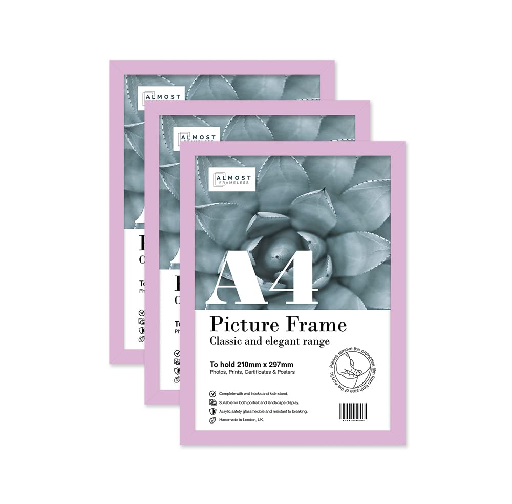 Almost Frameless A4 Lilac Picture Frame Set of 3, Display A4 Picture Gallery Wall, Poster, Photo, Artwork, or Print, Lilac