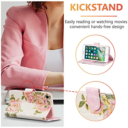UEEBAI Wallet Case for iPhone SE 2022 5G/iPhone 7/iPhone 8/iPhone SE 2020, PU Leather Phone Case Kickstand RFID Blocking Flip Case Card Slots Wrist Strap Engraved Pattern Magnetic Case - White Rose