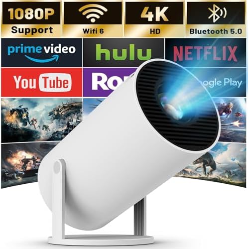 Mini Projecteur 4K Supportée, Videoprojecteur Portable WiFi 6 Bluetooth, Projecteur Video avec Auto Keystone, 130 Pouces, Retournement à 180 Degrés, Dystème D&rsquo;exploitation Android 11.0 (Beige)