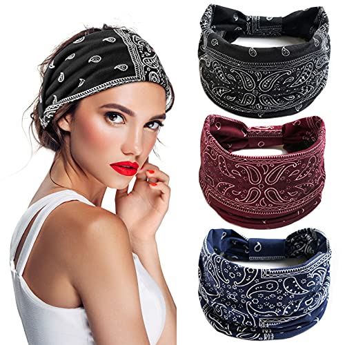 S&N Remille 3 Pack Wide Boho headbands for Women and Girls, elastic Turban Head wrap non-slip Hair Bands for Sport Yoga and Running Headband