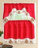 All American Collection New 3pc Christmas Holiday Design Embroidered Kitchen Curtain Set (Christmas Tree with Bells, Red