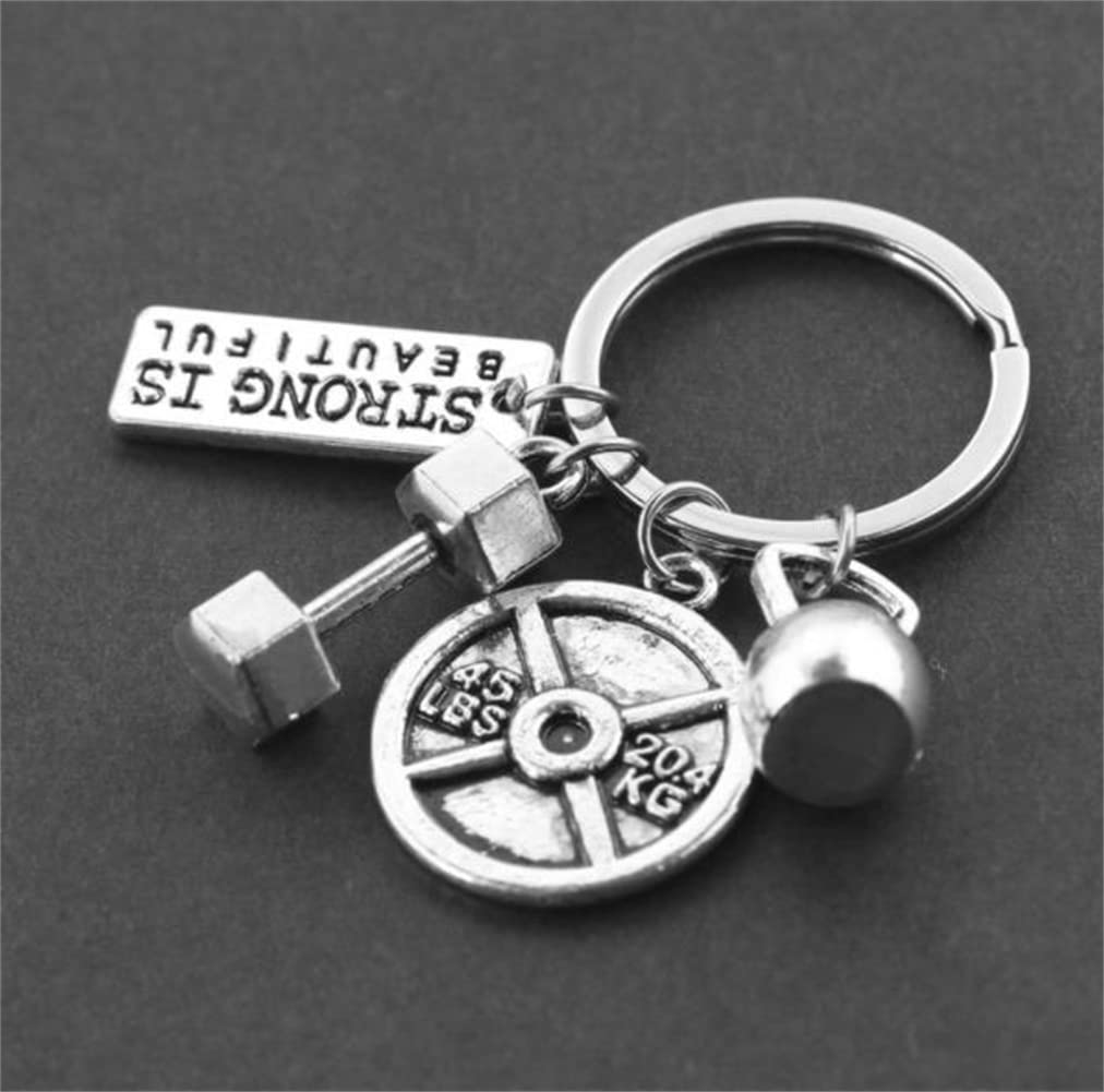 Sport Barbell Dumbbell Fitness Gewichtheben Gym Schlüsselanhänger Charm Strong Is Bealtiful Fitness Schlüsselanhänger Charm Geschenk Coach Edelstahl Fitness Schlüsselanhänger, silber, M