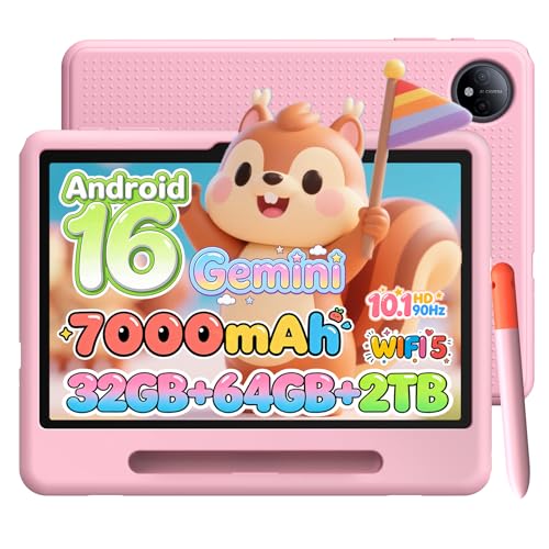 Image of P10 Kids Tablet for ages 3-7, Android 16 Tablet, Gemini AI, 10 Inch Tablet, 90Hz, 32GB RAM+64GB ROM, 7000mAH, 5G WiFi, Face ID, kids tablet with case,Includes a child protective case and pen, Pink