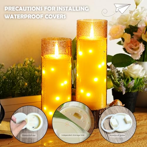 Image of kakoya 11 inch x 4 inch Large Outdoor Waterproof Flameless LED Candles with Remote and Timer,Acrylic Pillar Candles Battery Operated with Embedded Star String for Porch,Patio,Outdoor Decor,Set of 2(Gold)