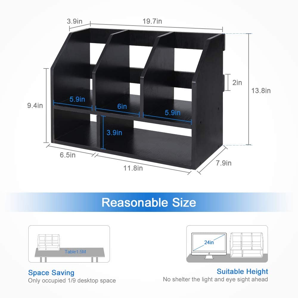 COOGOU Desktop Bookshelf Wood Tabletop Bookcase 2 Tier Desk Storage Organizer Shelf Rack Book Stand File Holer Countertop with 5 Compartment for Home Office A4 A5 Paper Vertical Horizontal Display
