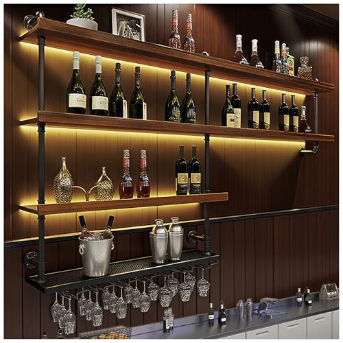TAUODUYY 78.7in Large Wine Rack with LED Light, 4 Tiers Solid Wood Wall Mounted Wine Rack, Industrial Liquor Bottles Floating Shelves with Glass Holder for Home Bar/Dining Room (78.7in/200cm)