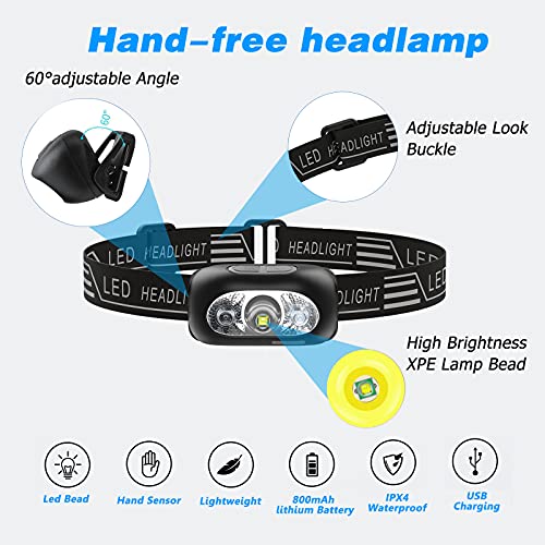 Xinyang Led Headlamp,Usb Rechargeable With Motion Sensor Head Torch,Waterproof Headlamp Flashlight, 5 Lighting Modes Headlights For Camping, Climbing, Hiking, Fishing, Night Reading, Running #TOP4