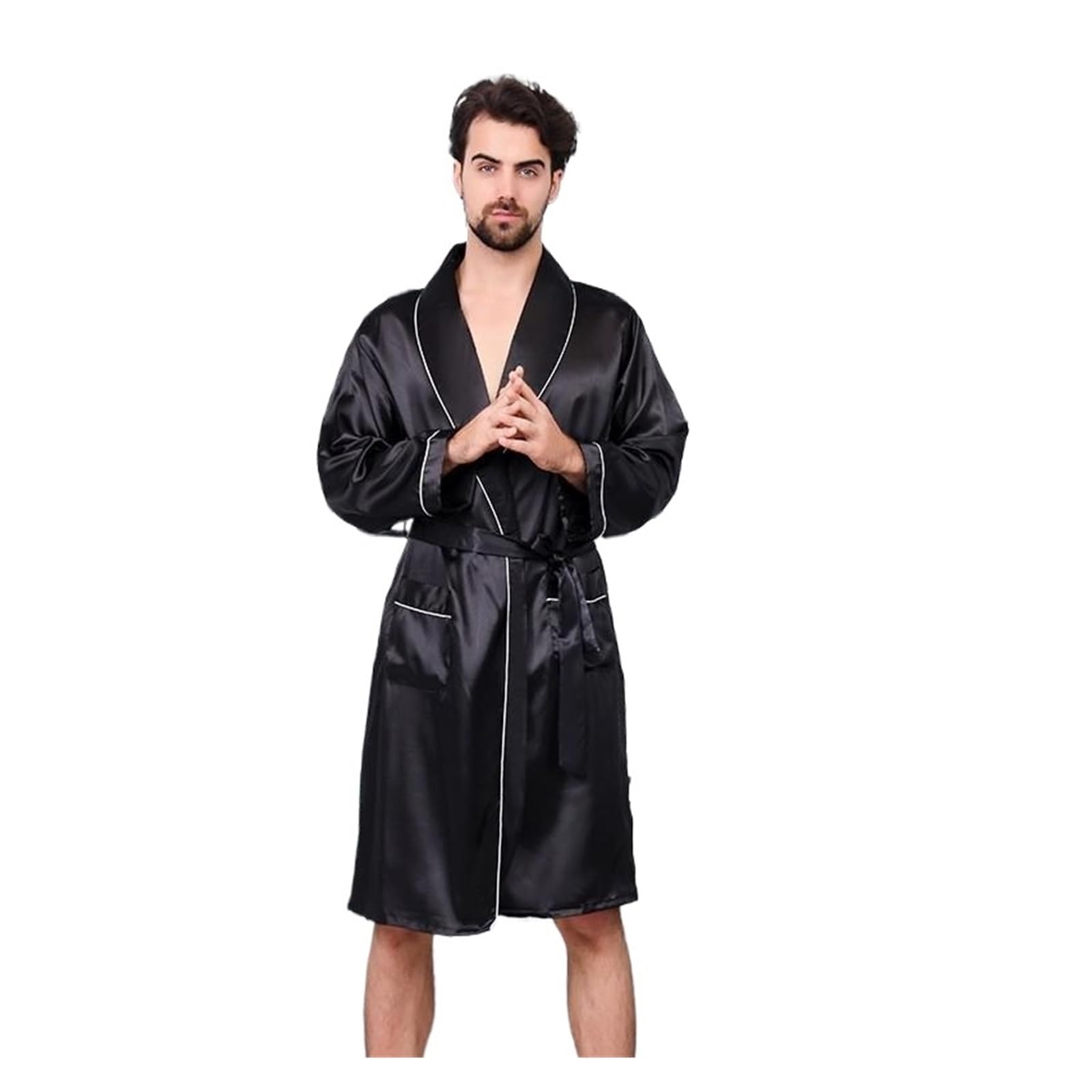 QWWQYDY Satin Robe Men 3XL 4XL 5XL Robe Men Summer Single Nightgown Satin Bathrobe Kimono Gown Long Sleeve Home Dressing Gown(Black,4XL)