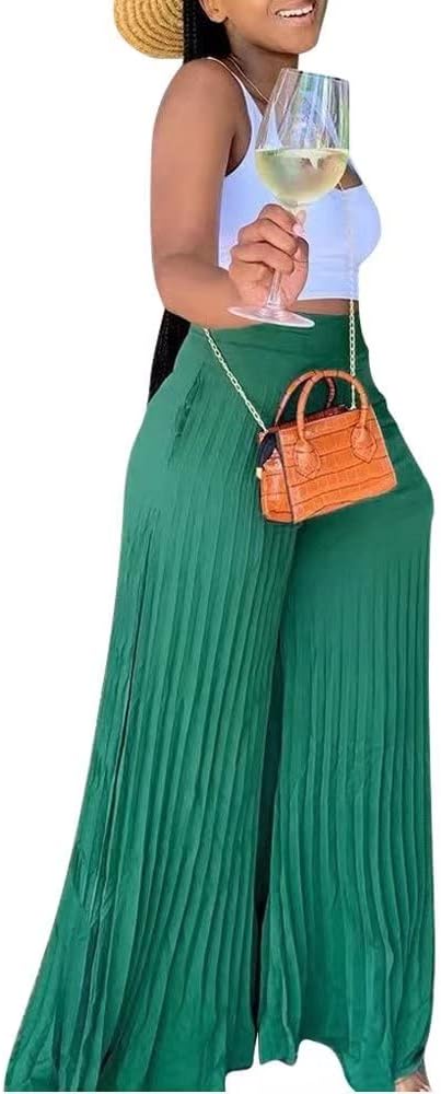 Lexiart Womens High Waisted Chiffon Loose Pleated Wide Leg Palazzo Pants - Image 3