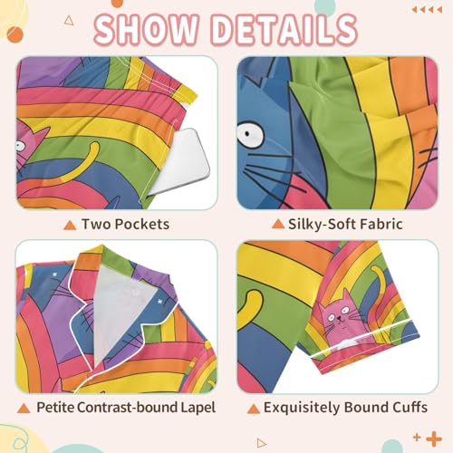 senya Cat Rainbow A Satin Summer Pajama Sets Silk Short Sleeve Button Down Sleepwear3