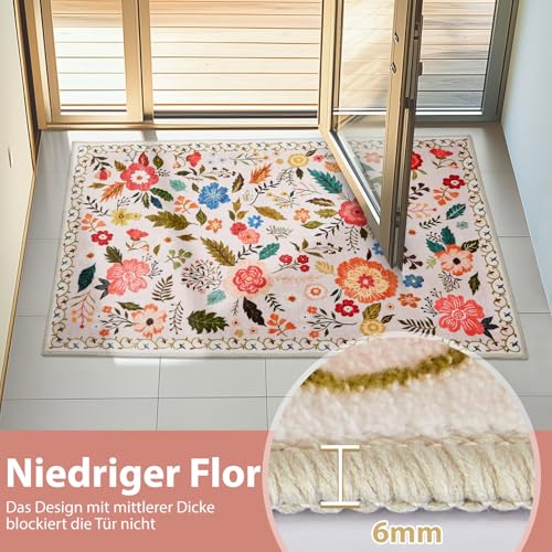 Puremy Schmutzfangmatte Innen, Waschbarer Fussmatte, Blumenmuster, Vintage Teppiche, Niedriger Flor, rutschfest, Weiche, Eingangstürmatte für Flur Eingangsbereich Küche, 66x100cm, Beige