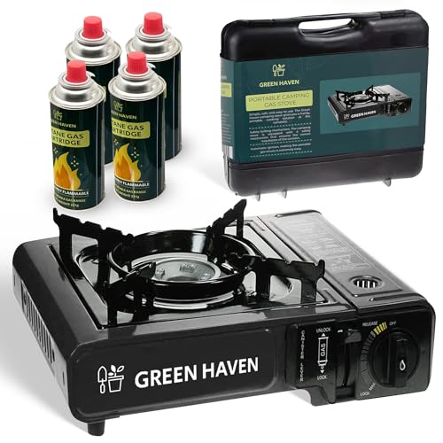 GREEN HAVEN Black Portable Camping Stove with Cary Case & 4 Butane Gas - Premium Camping Gas Stove, EN417 Compliant, Portable with Automatic Ignition & Heat Control