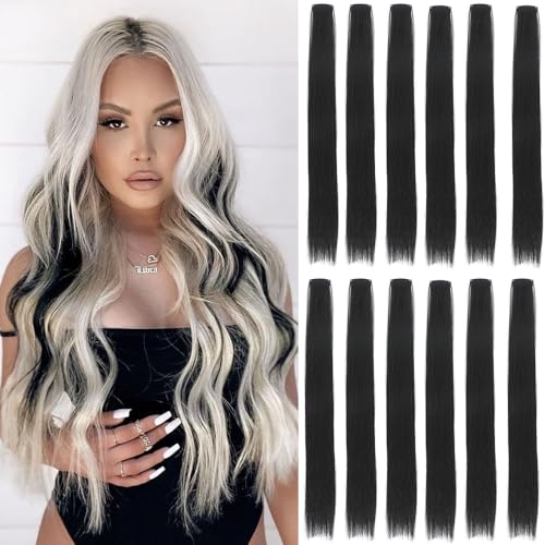 GZVIS 12 Pcs Black hair extensions 22 Inch Straight colored hair colorful clip in extensions Highlight Party for Kids Girls and Women Gift(Black 12)