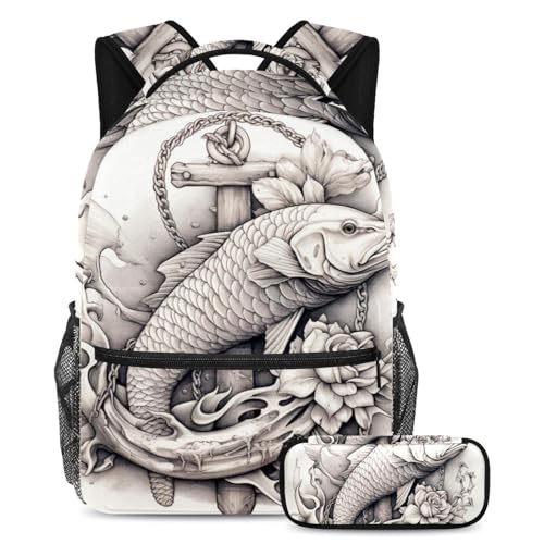 Sac à dos carpe rouge grand volume pour ranger les cahiers A4 avec trousse scolaire