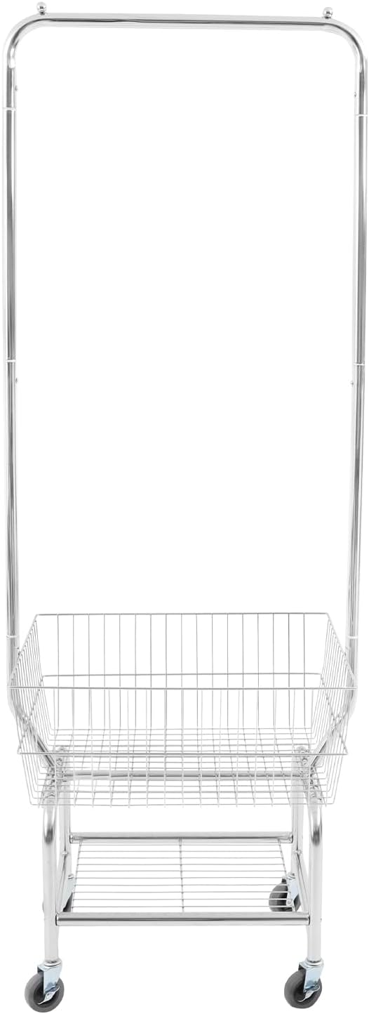 Wire Laundry Cart with Hanging Rack, Metal Laundry Basket with Wheels, Rolling Laundry Hamper with Storage Basket and Shelf, Heavy Duty Commercial Wire Laundry Basket Cart (Silver)