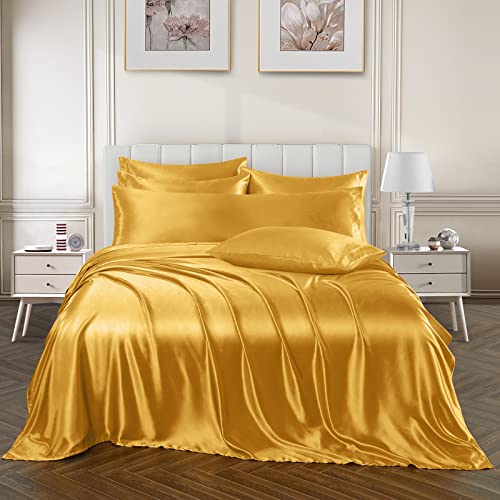 Image of Ersmak 7 Pieces Satin Sheets Set King Size, Luxury Silky Gold Satin Bed Sheets Set with 1 Deep Pocket Fitted Sheet, 1 Soft Flat Sheet, 4 King Pillowcases and 1 Body Pillowcase