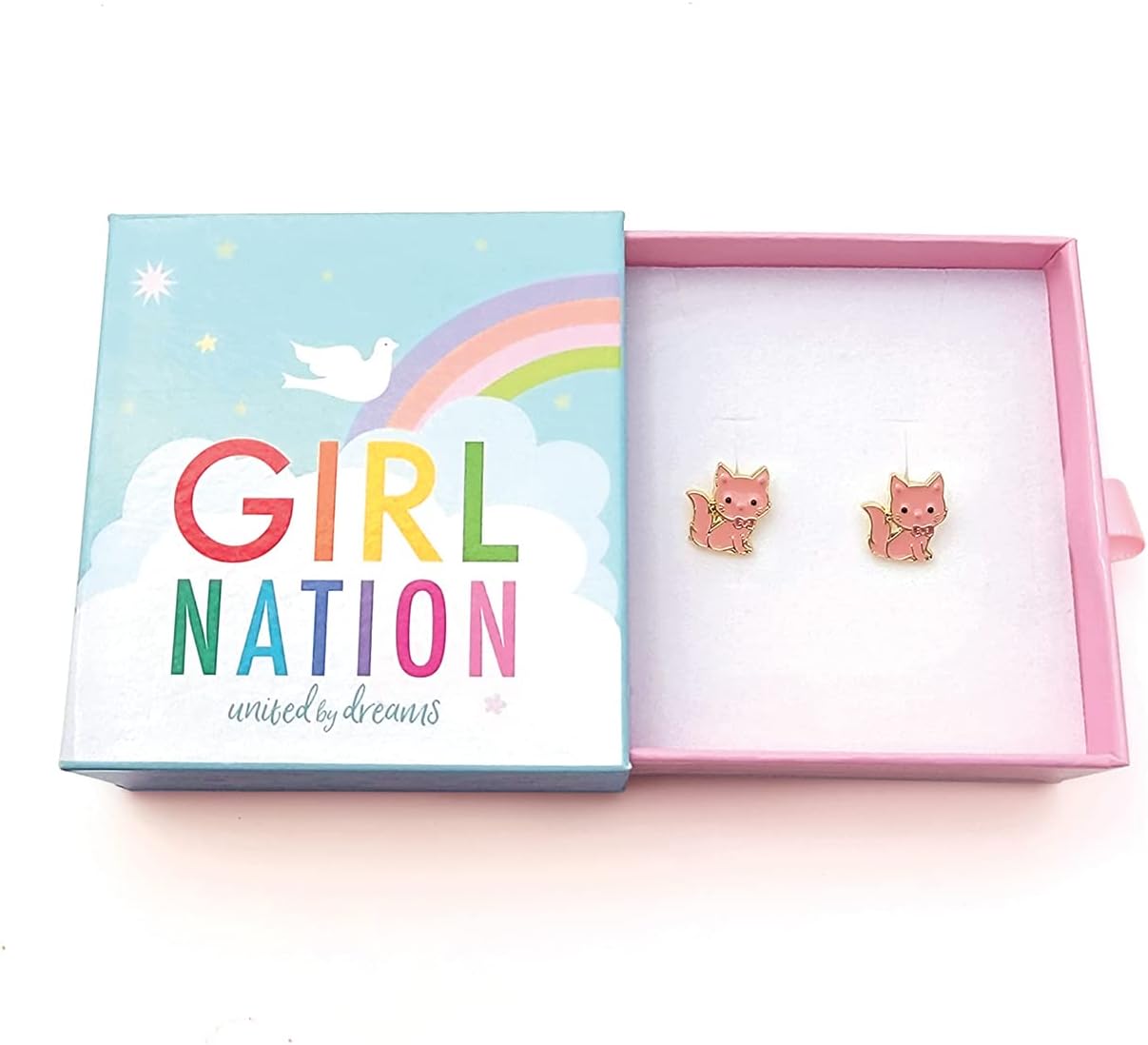 GIRL NATION Earrings for Girls Ages 5 and Up, Hypoallergenic Earrings in Pink Kitty Design