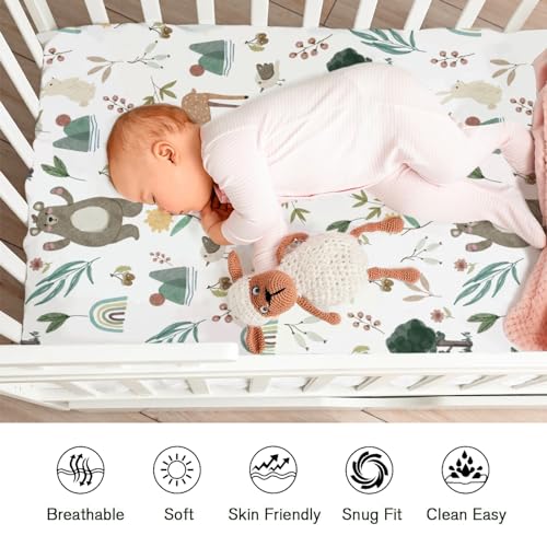 Image of Spring Animals Fitted Baby Crib Sheet for Boys Girls 52 inchx28 inch Bear Deer Bunny Birds Trees Flower Leaves Soft Stretchy Nursery Bed Sheets Fits Standard Crib and Toddler Bed Mattresses