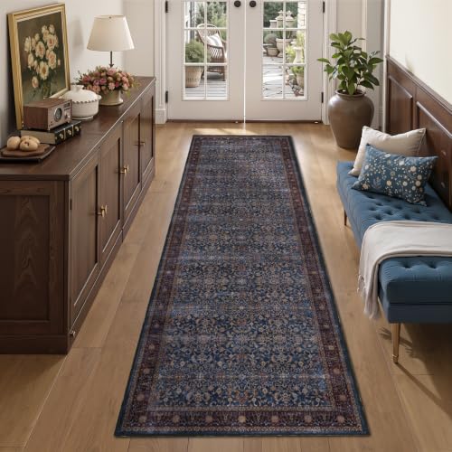 Washable Hallway Runner Rug 2'x7', Vintage Old Money, Dark Blue