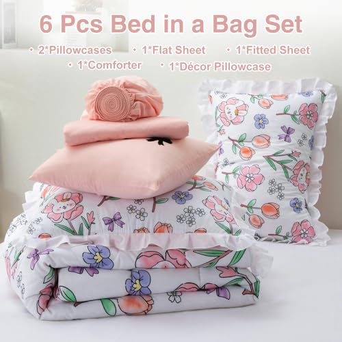 Image of A Nice Night 6 Piece Comforter Set Bed in a Bag with Comforter & Sheet Set,Chic Cute Rabbits Bow Printed Bedding Sets,Princess Ruffle Bedding for Kids Girls,Queen