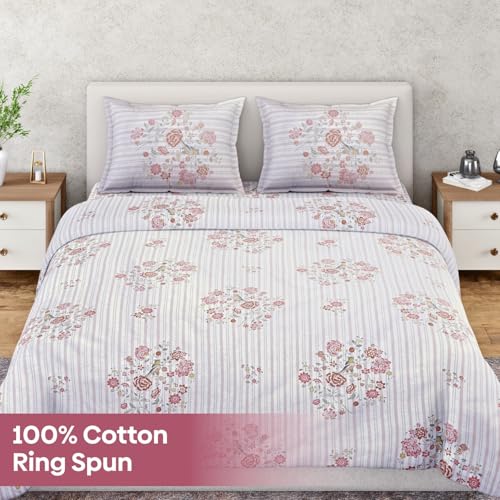 Image of Haus & Kinder Bed Sheet Double Bed | Woven 100% Cotton Ring-Spun 210 TC Queen Size Bedsheet | 100 X 90 Inches Double Bed Bedsheet - Elderflower Dream