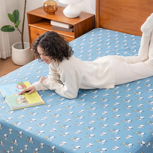Image of Berkshire Blanket Peanuts Fitted Sheet King Size(Only), Cute Character Snoopy Microfiber Sheet with Deep Pocket, Soft and Breathable, Snoopy's Morning Coffee Small Blue