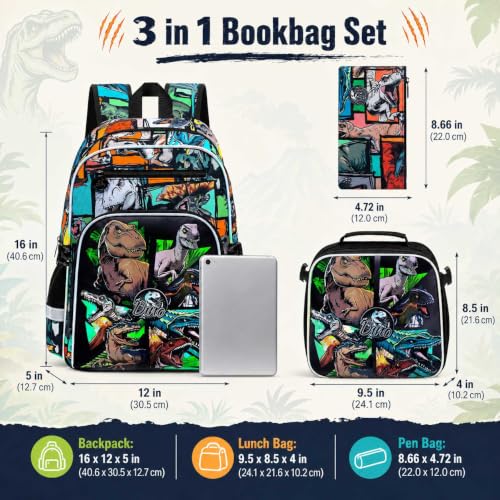 Image of WZLVO 3PCS Kids Dinosaur Backpack Set, 16 inch Cool UV Printing Boys Bookbag /School Bag with Clip-On Lunch Bag & Pencil Bag for Preschool to Elementary - Dinosaur Khaki