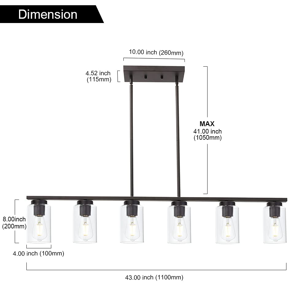 TODOLUZ 6-Light Kitchen Island Lighting Fixtures, Clear Glass Farmhouse Pendant Lights Hanging Chandelier in Oil Rubbed Bronze for Dining Room Table Cafe Bar