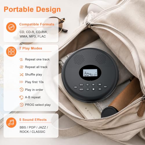 Image of ARAFUNA Portable CD Player Rechargeable with Bluetooth, Speakers for Home | Bluetooth RX /TX for Headphones, Speakers, Phone, Built-in Dual Speakers, large LCD Screen, Anti-Skip and Rechargeable for Car