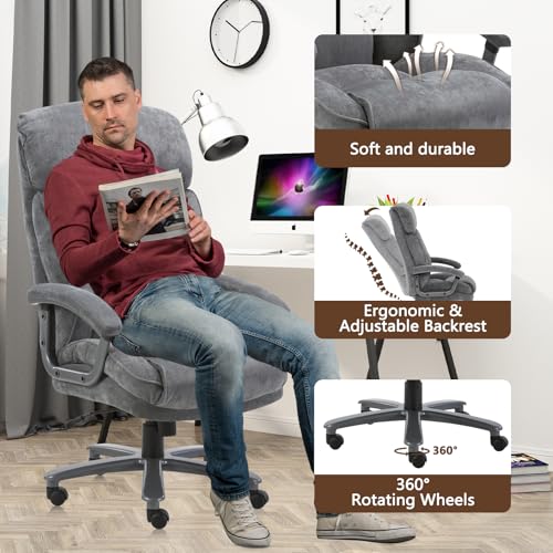 CLATINA Ergonomic Big and Tall Executive Office Chair with Upholstered Swivel 800lbs High Capacity Adjustable Height Thick Padding Headrest and Armrest for Home Office Grey