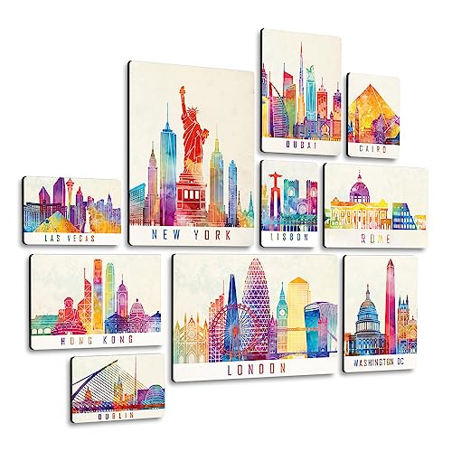 Giallobus - Conjunto de 10 pinturas de paneles múltiples - Ciudad - Ciudad colorida - Madera de MDF - | 2 x 42x29,7cm | 4 x 29,7x21cm | 4 x 21x14,85cm | - Listo para colgar - Cuadros