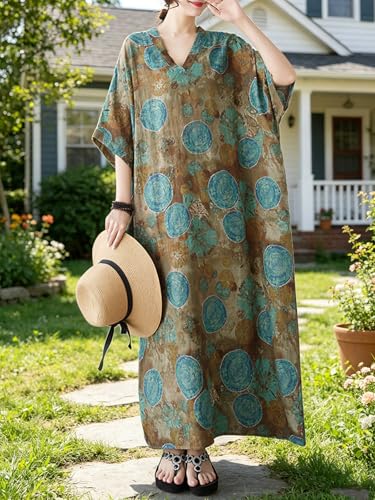 Image of Plus Size Summer Dress Printed V Neck Casual Loose Long Dresses with Pockets