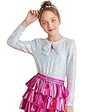 Girl's Colourful Sequin Shiny Top Sparkle Glitter White Shirt Long Sleeve Party Blouse 7-8Y