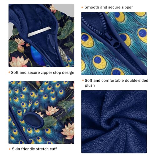 Peacock Among Lotus Flowers Toddler Fleece Jacket Girl Boys Hooded Fleece Jacket Coat Warm Outwear Zip-up 3-10T3