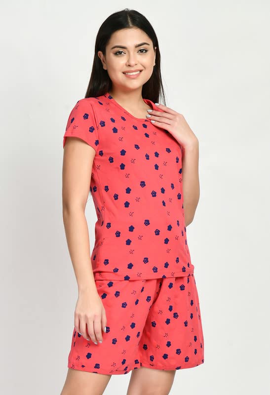 Image of IndiWeaves Cotton Printed Tops and Shorts Set Night Suit for Women (Pack of 3) Pink::Green::Caret