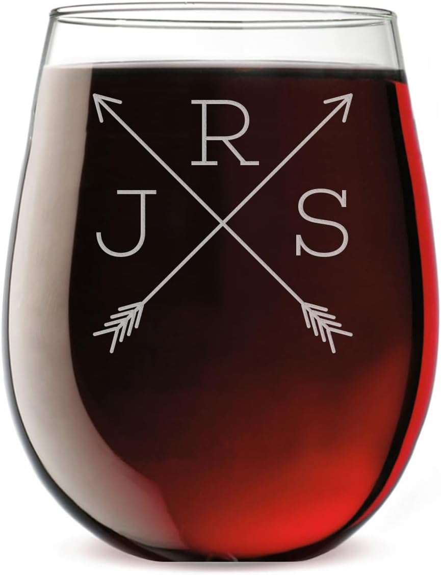 Personalized Etched Monogram 17oz Stemless Wine Glass, Customized Engraved Christmas Gifts, Unique Custom Gifts for Mom, Customizable Bridesmaid Birthday Wine Tumbler, Arrow Monogram