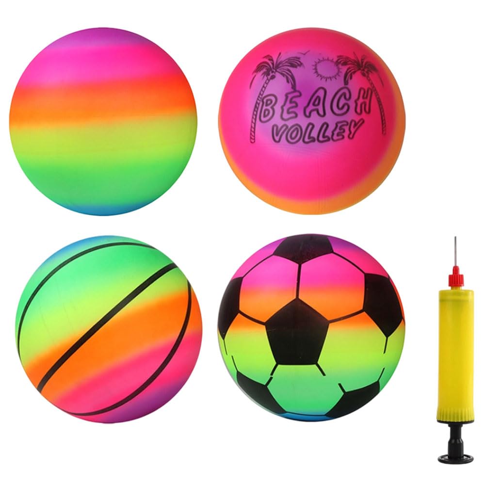 JOAASU 4 Pack Inflatable Beach Balls with Pump, Rainbow Sports Balls (Football, Basketball, Volleyball), Bouncy Beach Ball for Boys Girls Adults Summer Pool, Garden and Outdoor Playground